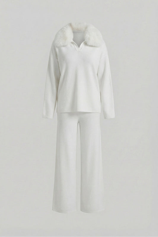 Knit Lounge Top and Straight Leg Trousers Set – White – view 2