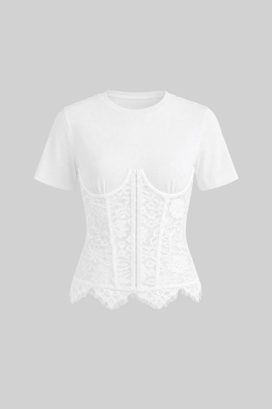 Round Neck Jersey Top with Floral Lace Corset Overlay – White – view 2