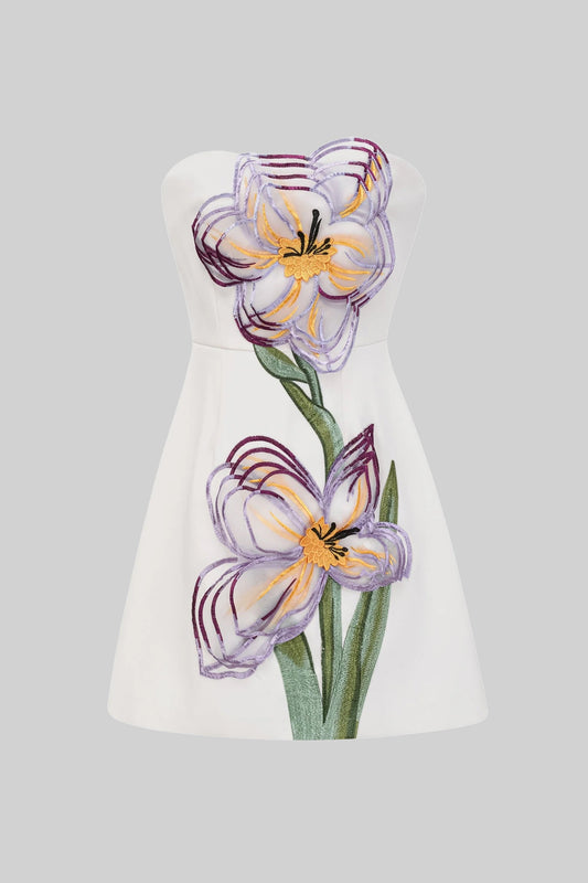 Strapless Structured Mini Dress with 3D Iris and Leaf Appliqué – White – view 2