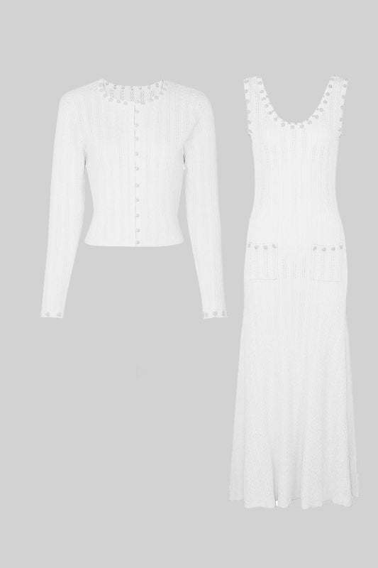 Ribbed Knit Midi Dress and Cropped Cardigan Set with Pearl Buttons – White – view 2