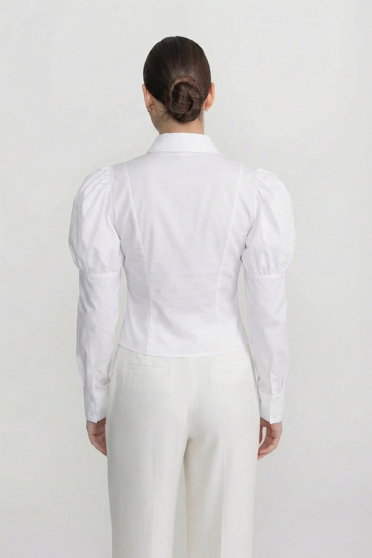 Long Sleeve Corset Lace-Up Peplum Shirt with Puff Shoulders – White