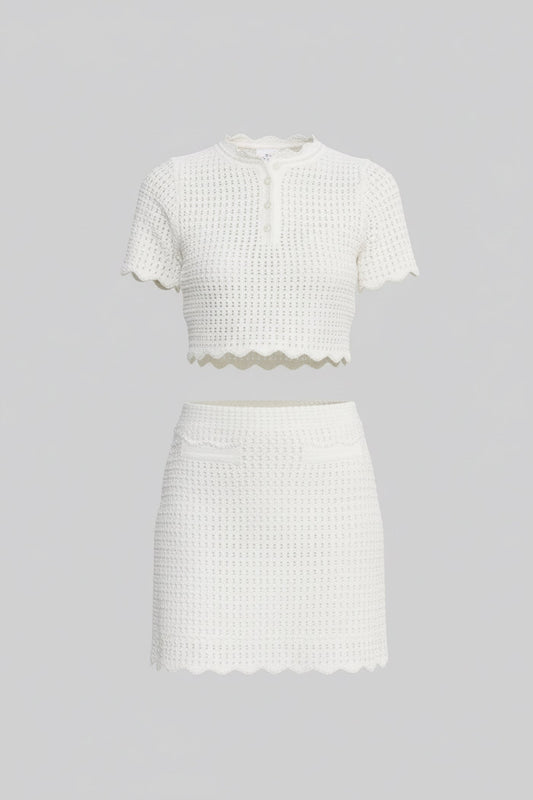 Scalloped Open-Knit Cropped Top and Mini Skirt Co-ord Set – White – view 2
