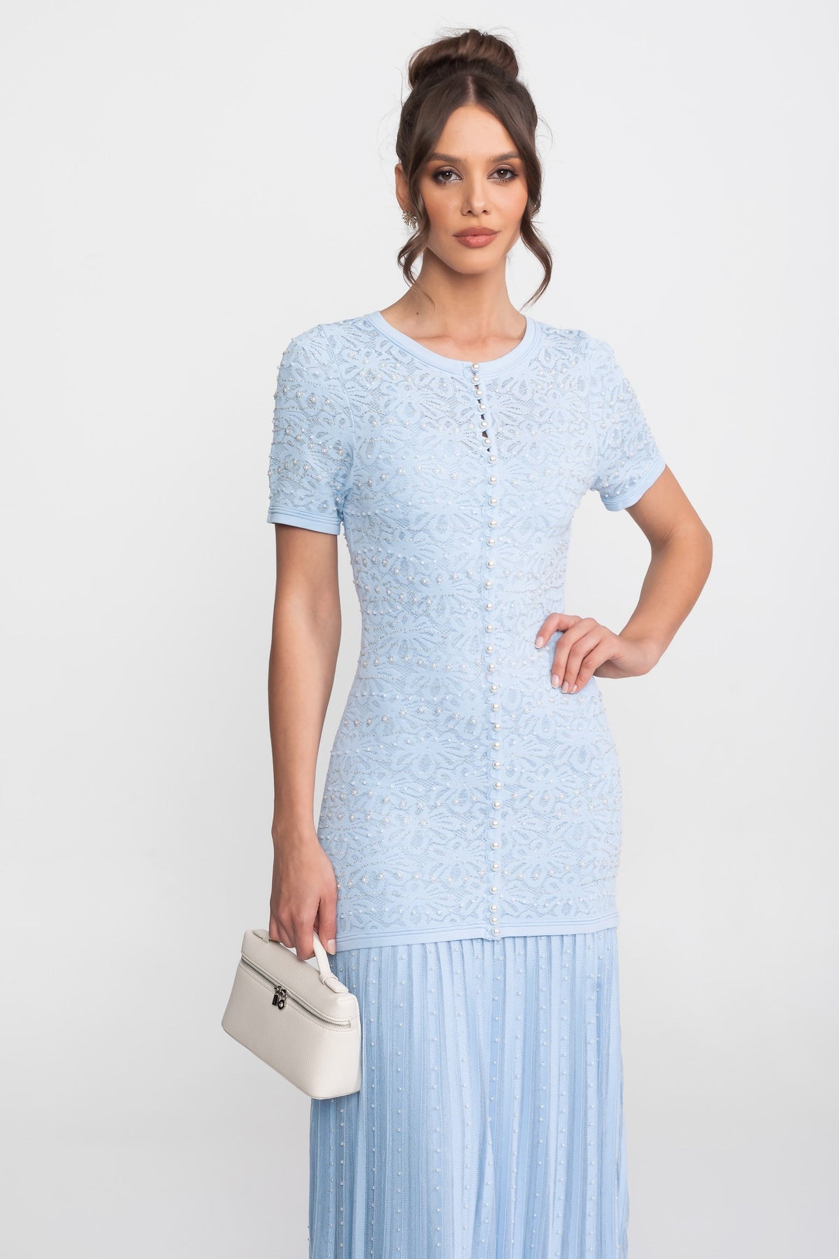 Pearl Embellished Short Sleeve Maxi Dress with Pleated Skirt – Powder Blue – view 4