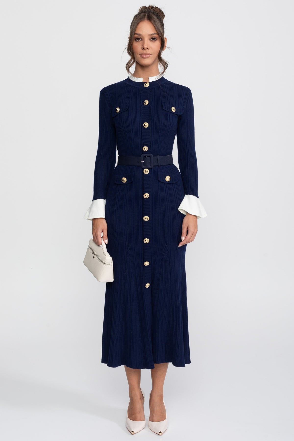 Fine Rib Knit Belted Midi Dress with Ivory Collar and Flared Cuffs – Navy