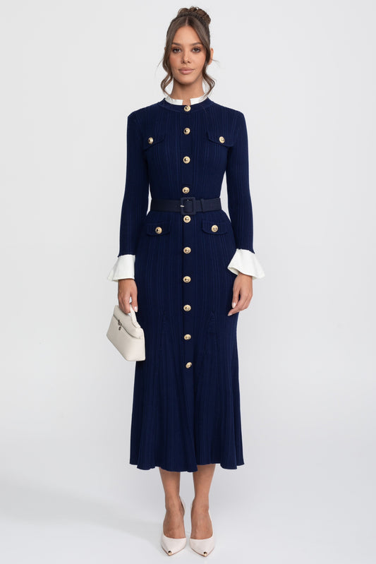 Fine Rib Knit Belted Midi Dress with Ivory Collar and Flared Cuffs – Navy
