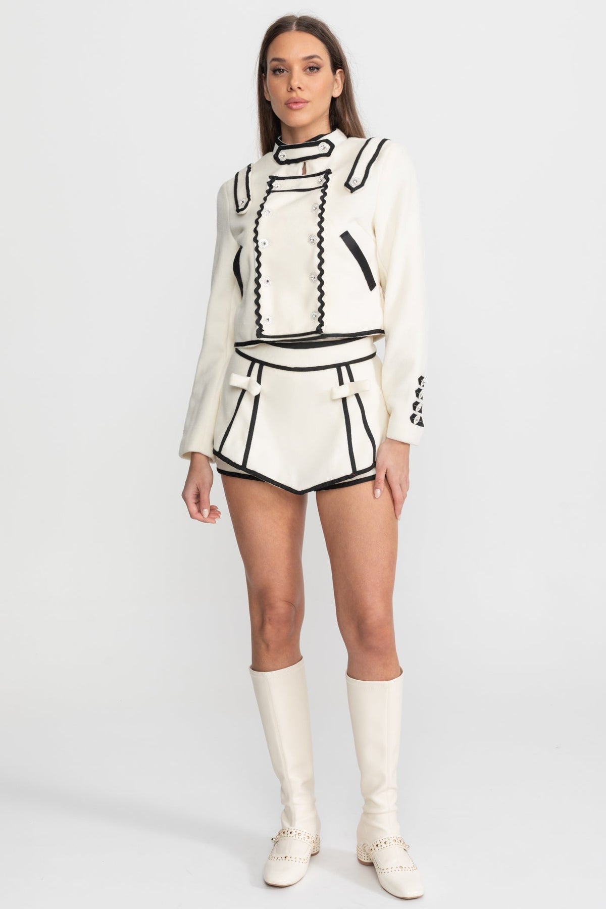 Contrast Trim Cropped Jacket and Mini Skirt Set with Crystal Buttons – Ivory – view 1