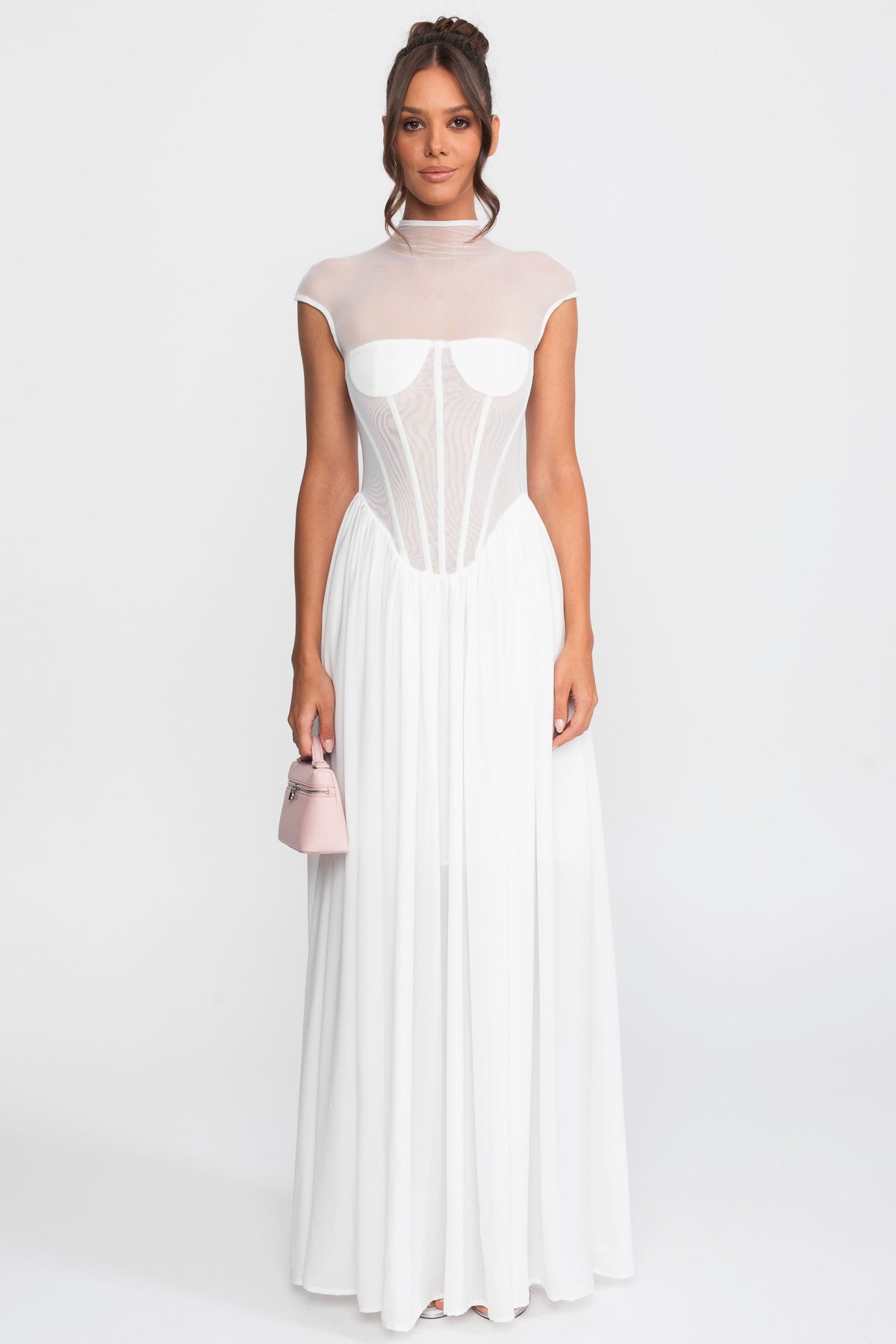 Sheer Mesh Mock Neck Corset Maxi Dress with Cap Sleeves – White – view 1