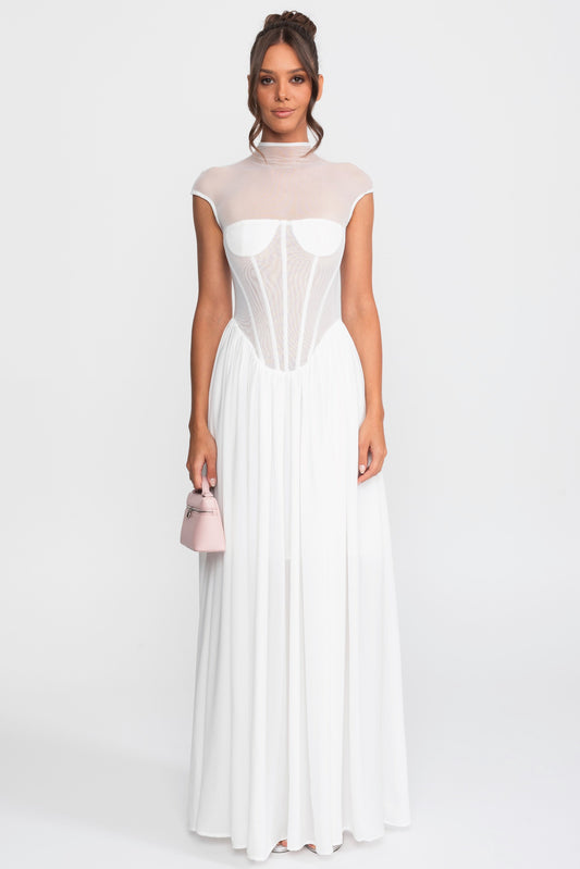 Sheer Mesh Mock Neck Corset Maxi Dress with Cap Sleeves – White