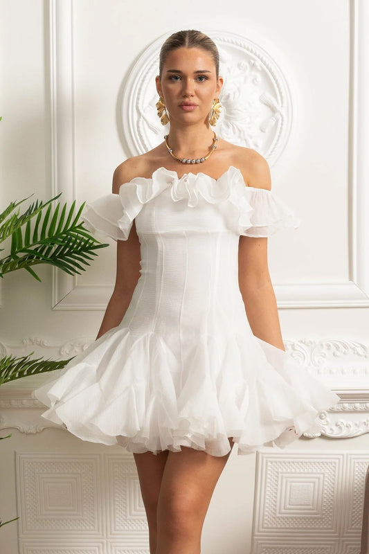 Off-Shoulder Organza Mini Dress with Ruffle Trim and Flared Skirt – White