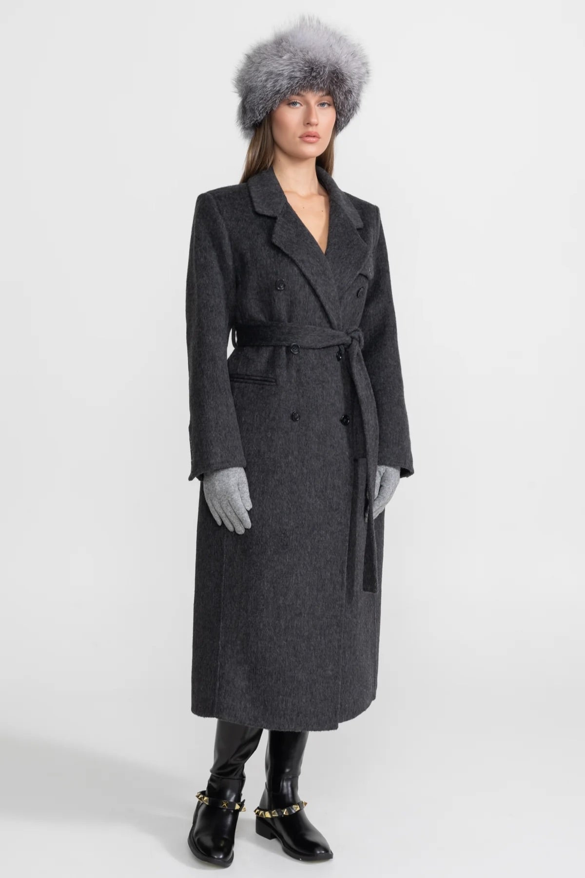 Double-Breasted Full Length Wool Coat with Self-Tie Belt – Charcoal Grey – view 2