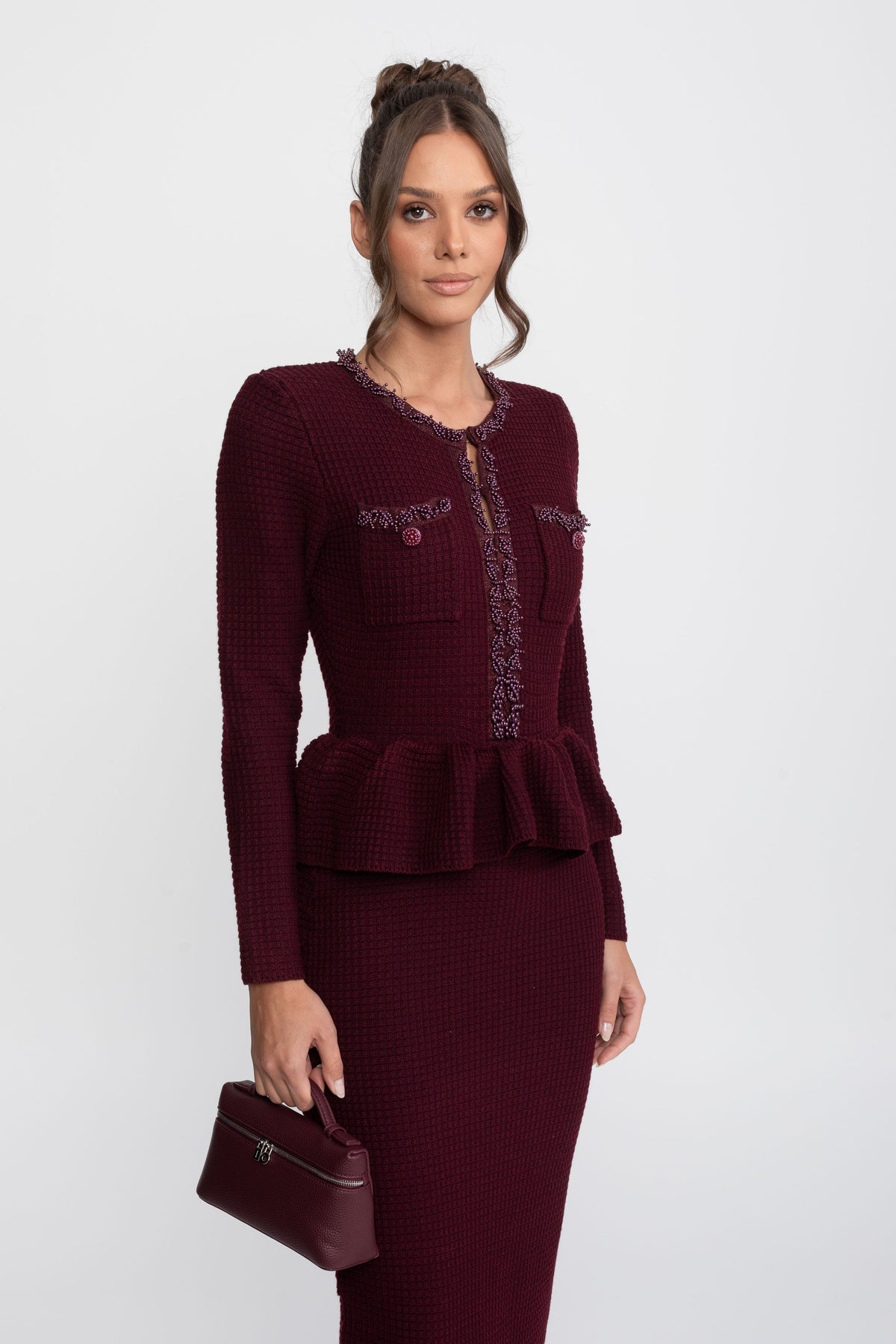 Fringe Trim Long Sleeve Knit Peplum Pencil Dress with Pockets – Burgundy – view 3