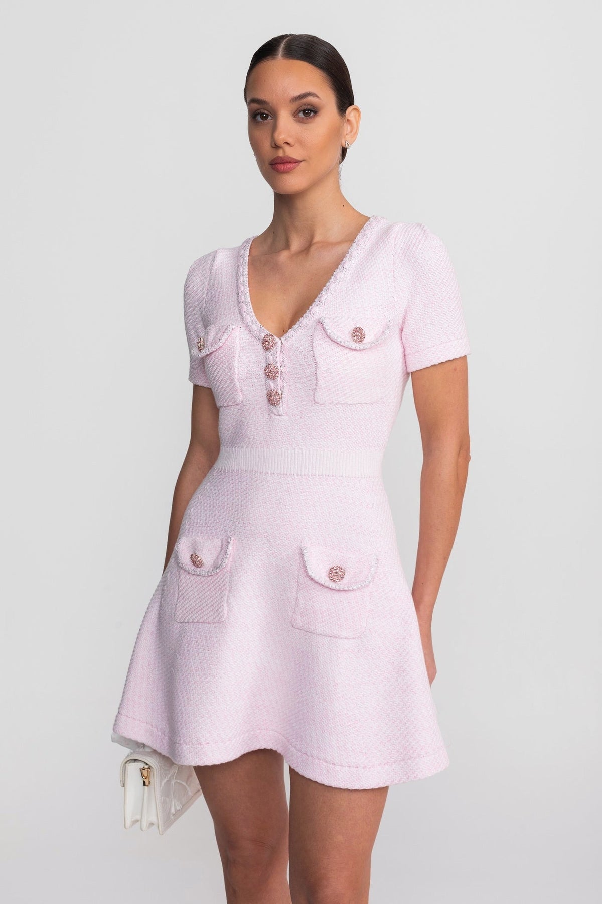 Bouclé-Style Knit V-Neck A-Line Mini Dress with Jewel Buttons – Pink – view 4