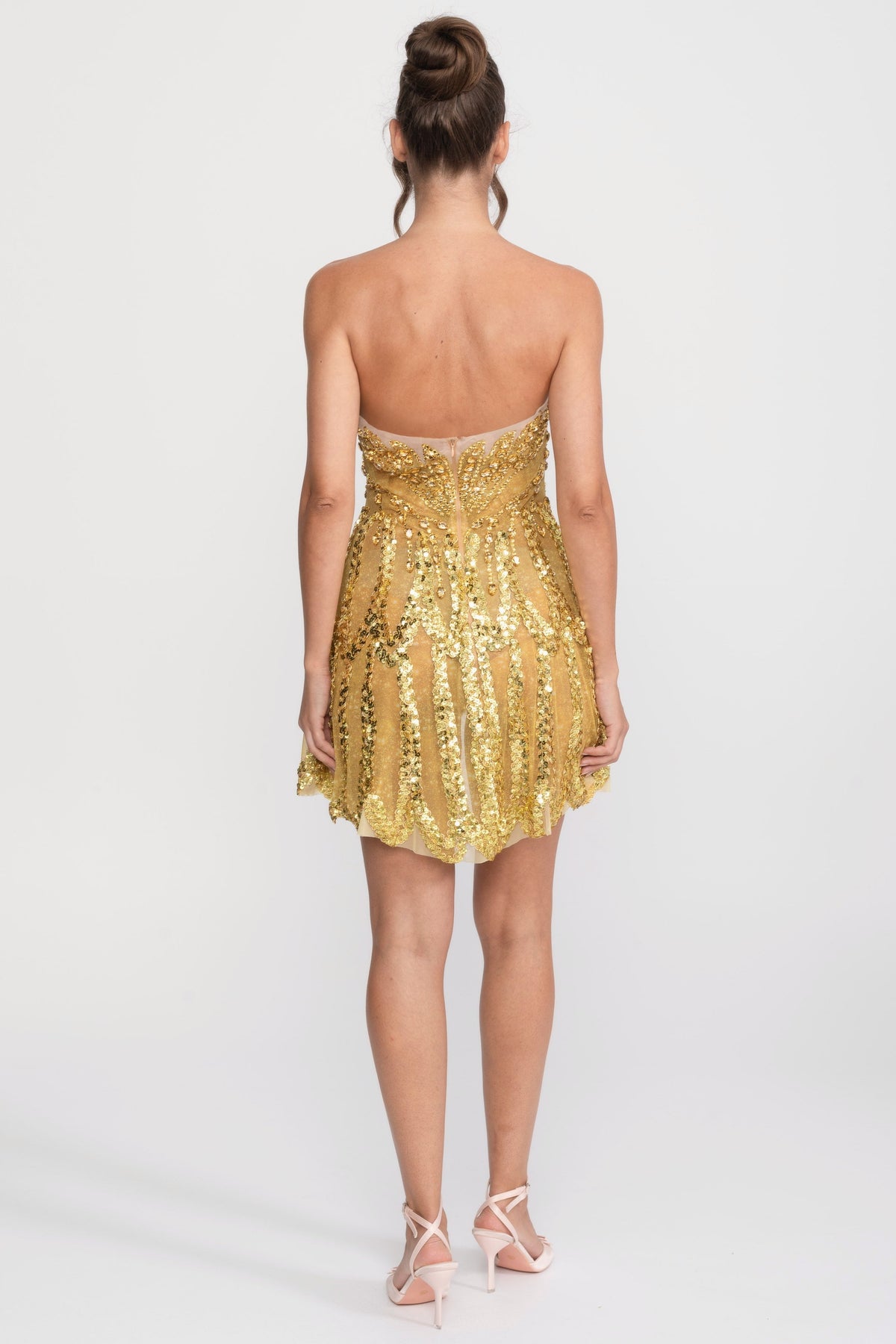 Jewelled Strapless Sweetheart Fit and Flare Mini Dress – Gold – view 10