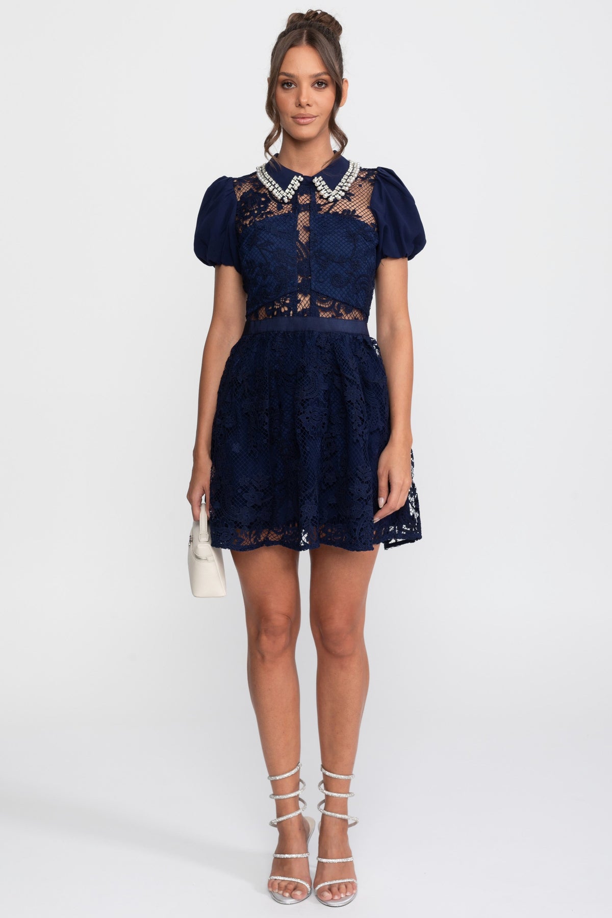 Floral Lace Puff Sleeve Mini Dress with Pearl Embellished Collar – Navy