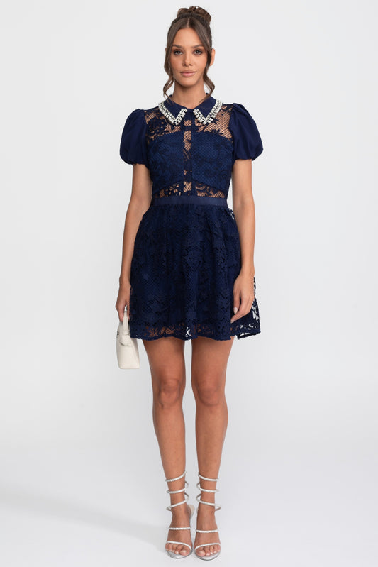 Floral Lace Puff Sleeve Mini Dress with Pearl Embellished Collar – Navy