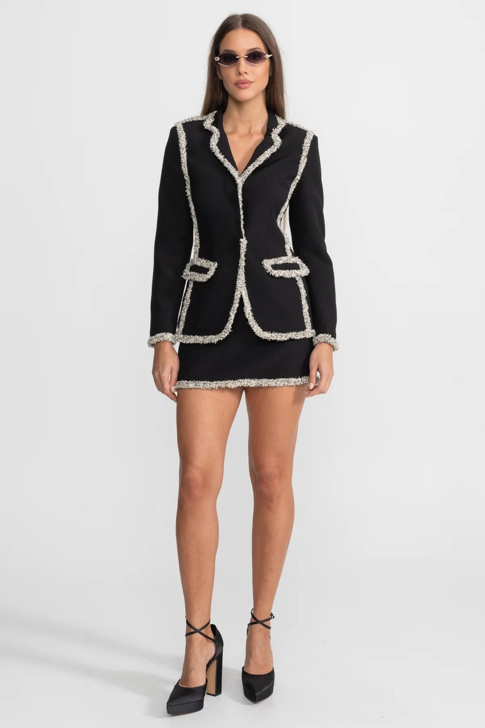 Tweed Trim Blazer & Skirt Set