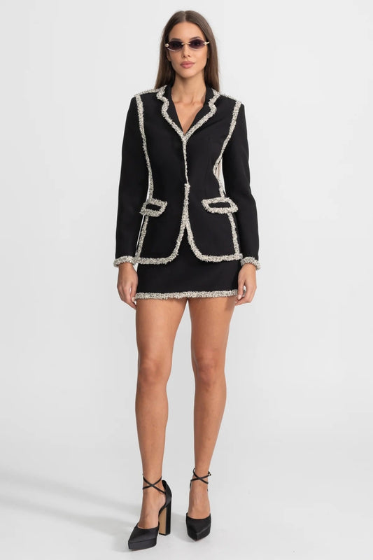 Sparkling Tweed Trim Peak Lapel Blazer and Mini Skirt Set – Black