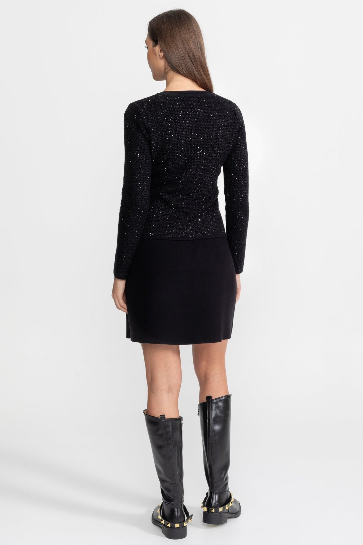 Embellished Tweed Cropped Jacket and A-Line Mini Skirt Set with Bows – Black
