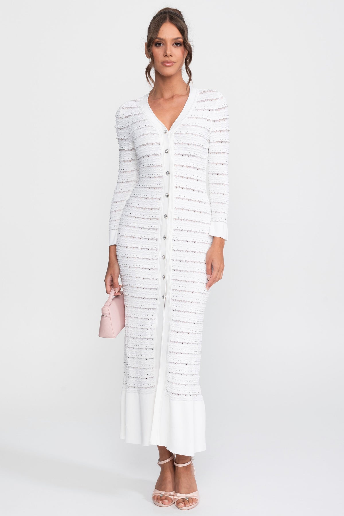 Textured Knit Maxi Cardigan Dress with Crystal Buttons – White – view 1