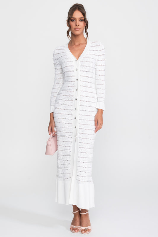 Textured Knit Maxi Cardigan Dress with Crystal Buttons – White