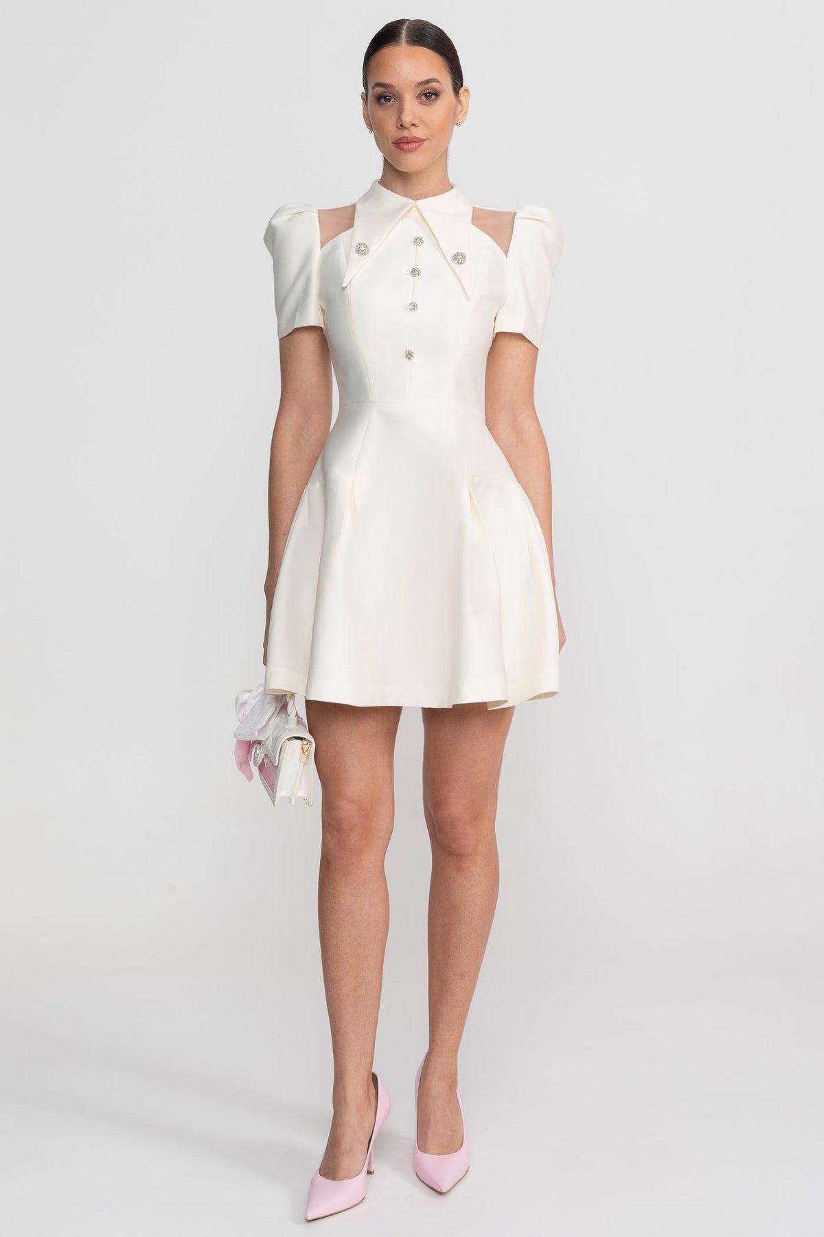 Doll Style V-Neck Mini Dress with Jewel Buttons and Flap Pockets – Ivory – view 6