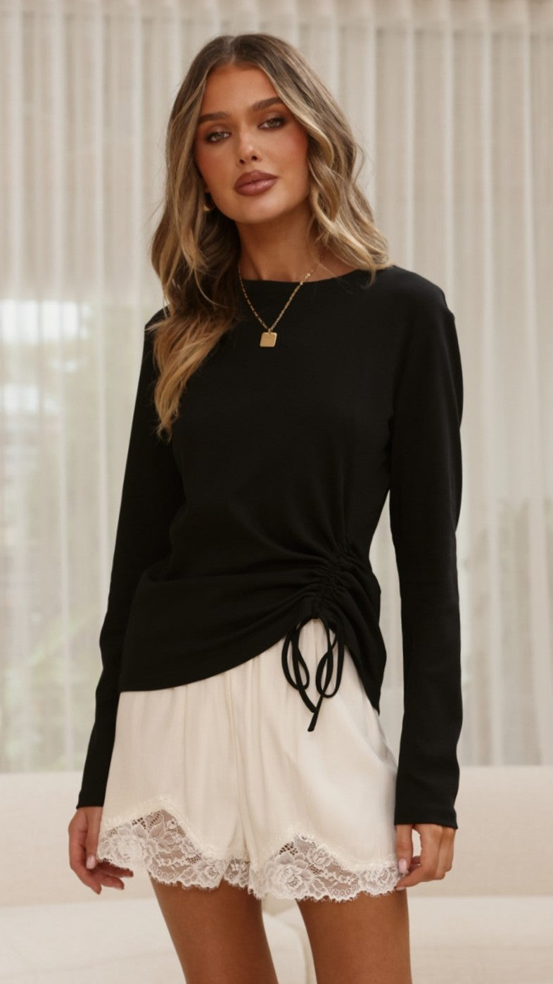 Lydia Crew Neck Long Sleeve Top with Adjustable Side Ruching – Black – view 1