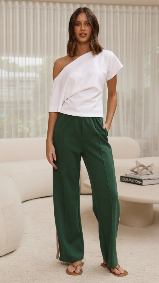 Isaiah Racer Stripe Pleated High Waisted Trackpants – Green/Beige