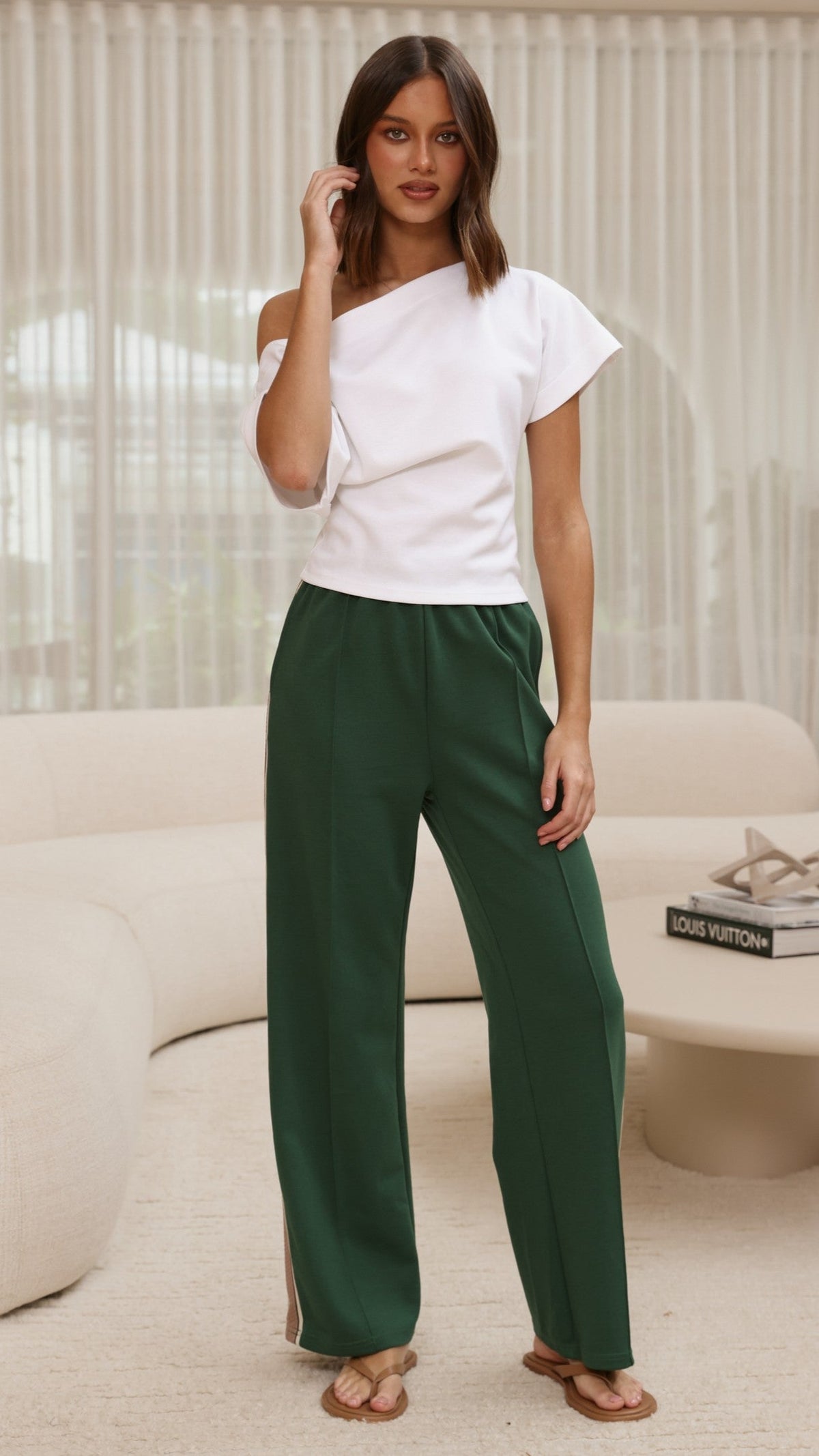 Isaiah Racer Stripe Pleated High Waisted Trackpants – Green/Beige – view 3