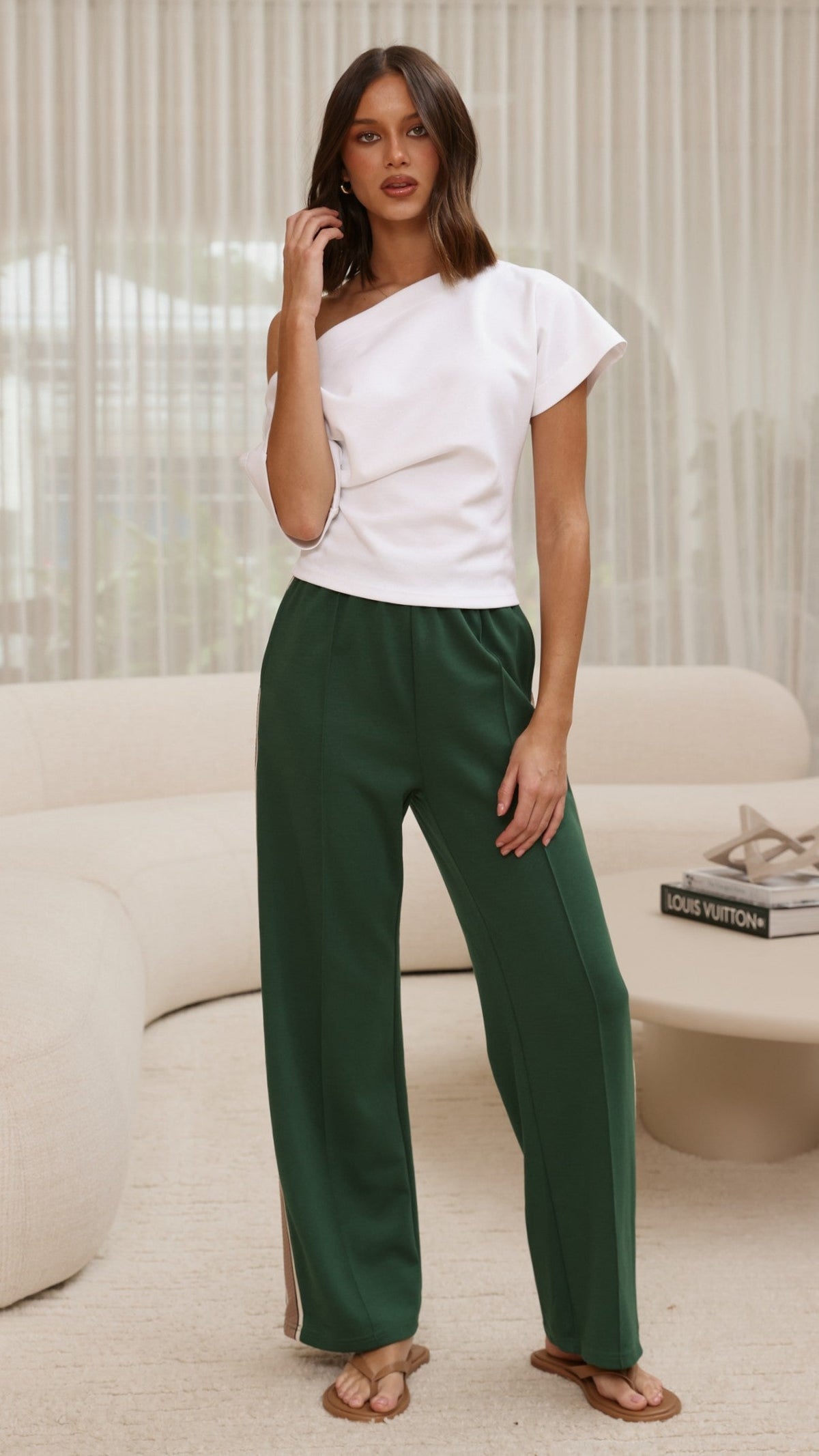 Isaiah Racer Stripe Pleated High Waisted Trackpants – Green/Beige – view 7
