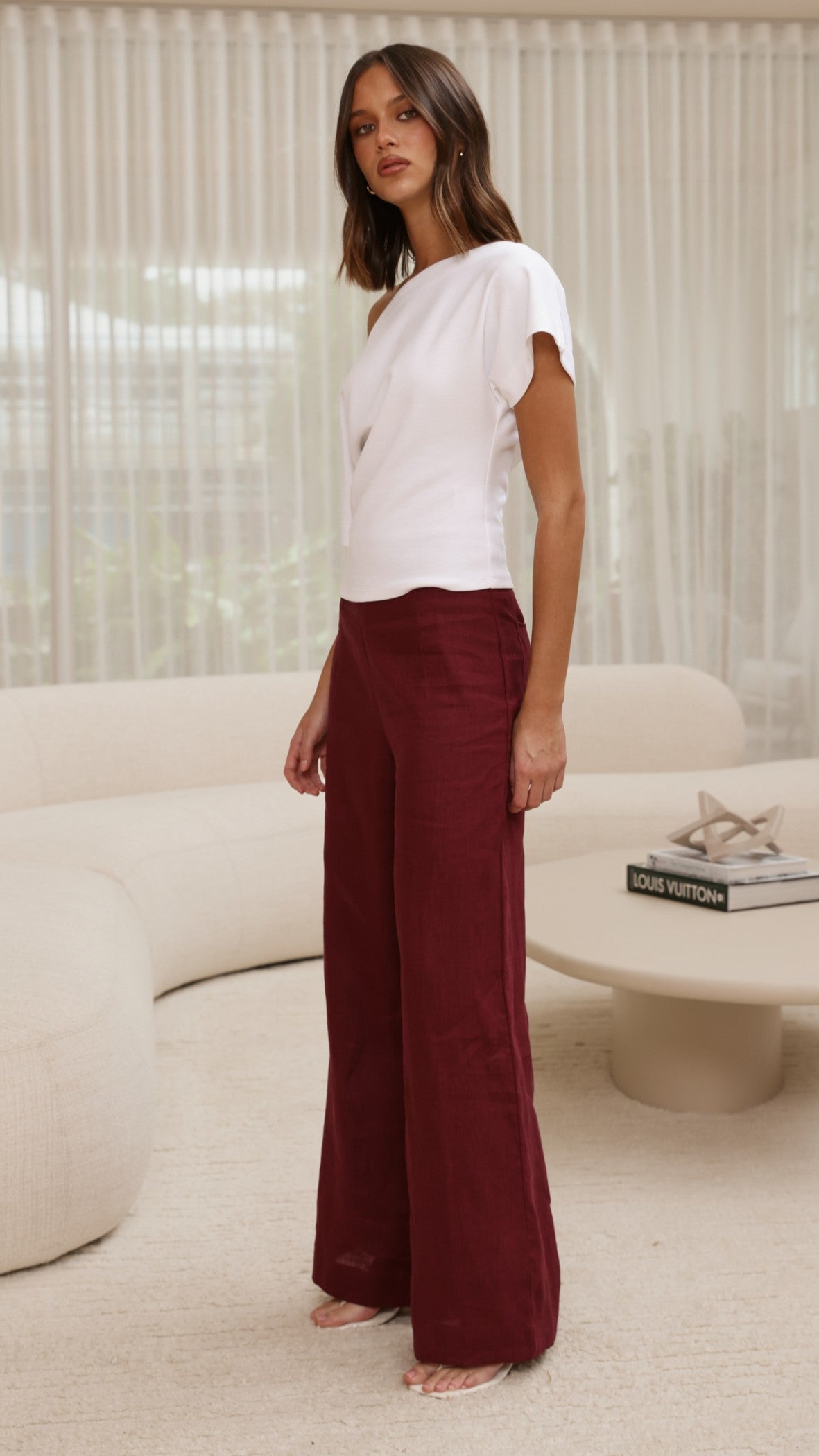 Karah High Waisted Full Length Wide Leg Linen Trousers – Merlot