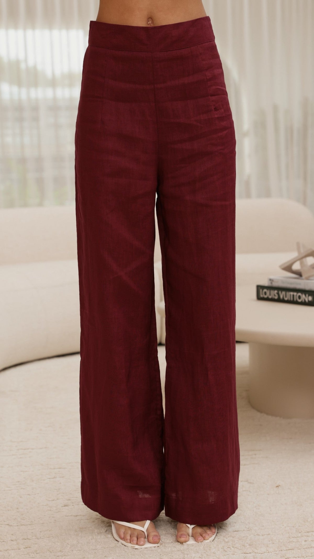 Karah High Waisted Full Length Wide Leg Linen Trousers – Merlot – view 3