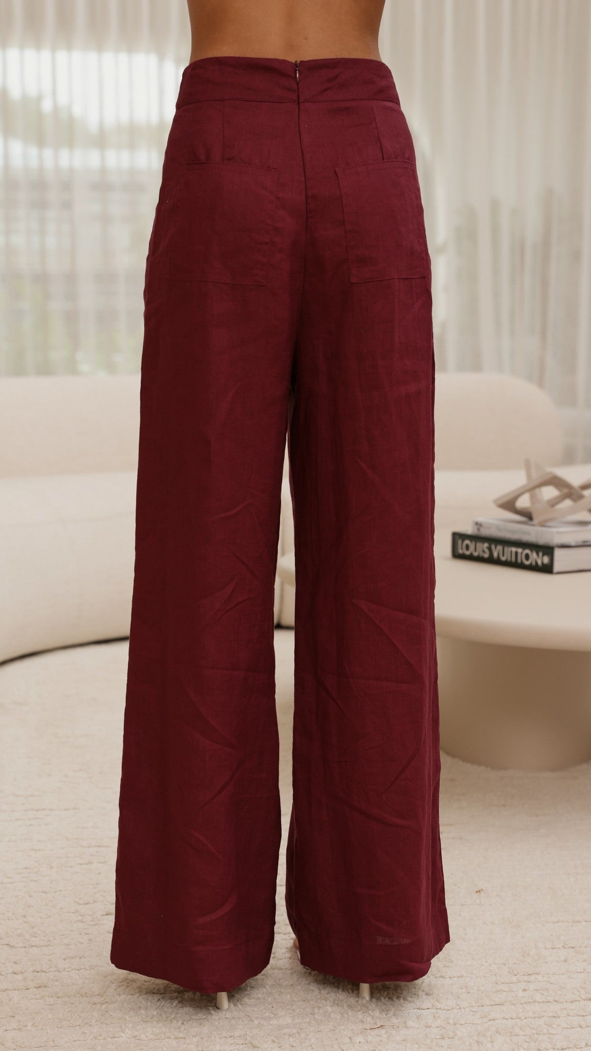 Karah High Waisted Full Length Wide Leg Linen Trousers – Merlot