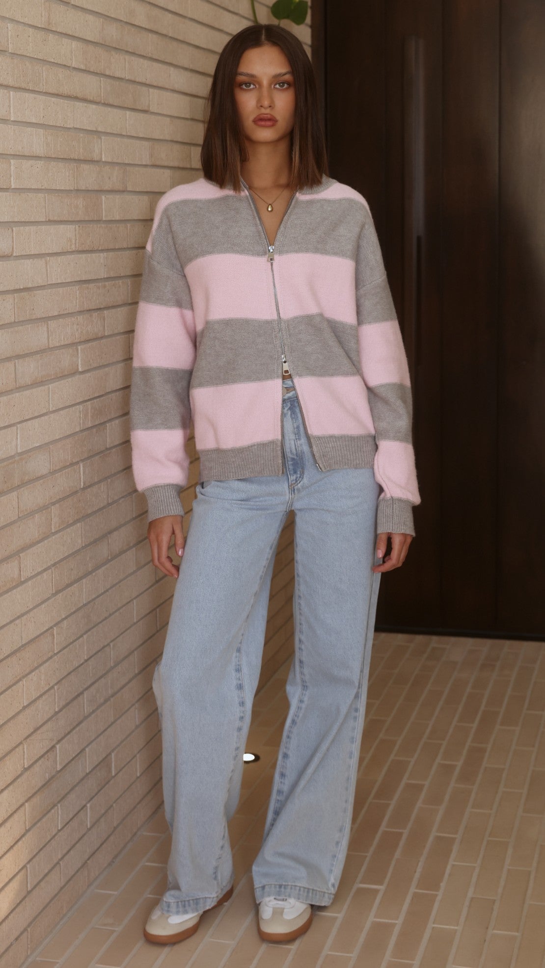 Tyla Collared High Neck Zip-Up Knit Jumper – Pink/Grey Stripe – view 11