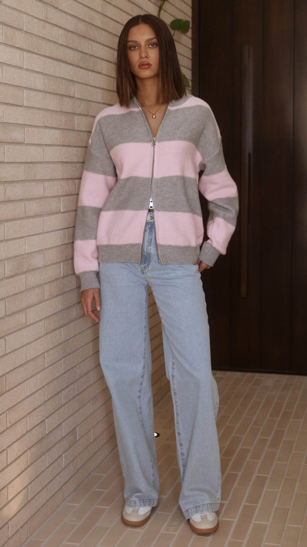 Tyla Collared High Neck Zip-Up Knit Jumper – Pink/Grey Stripe – view 4