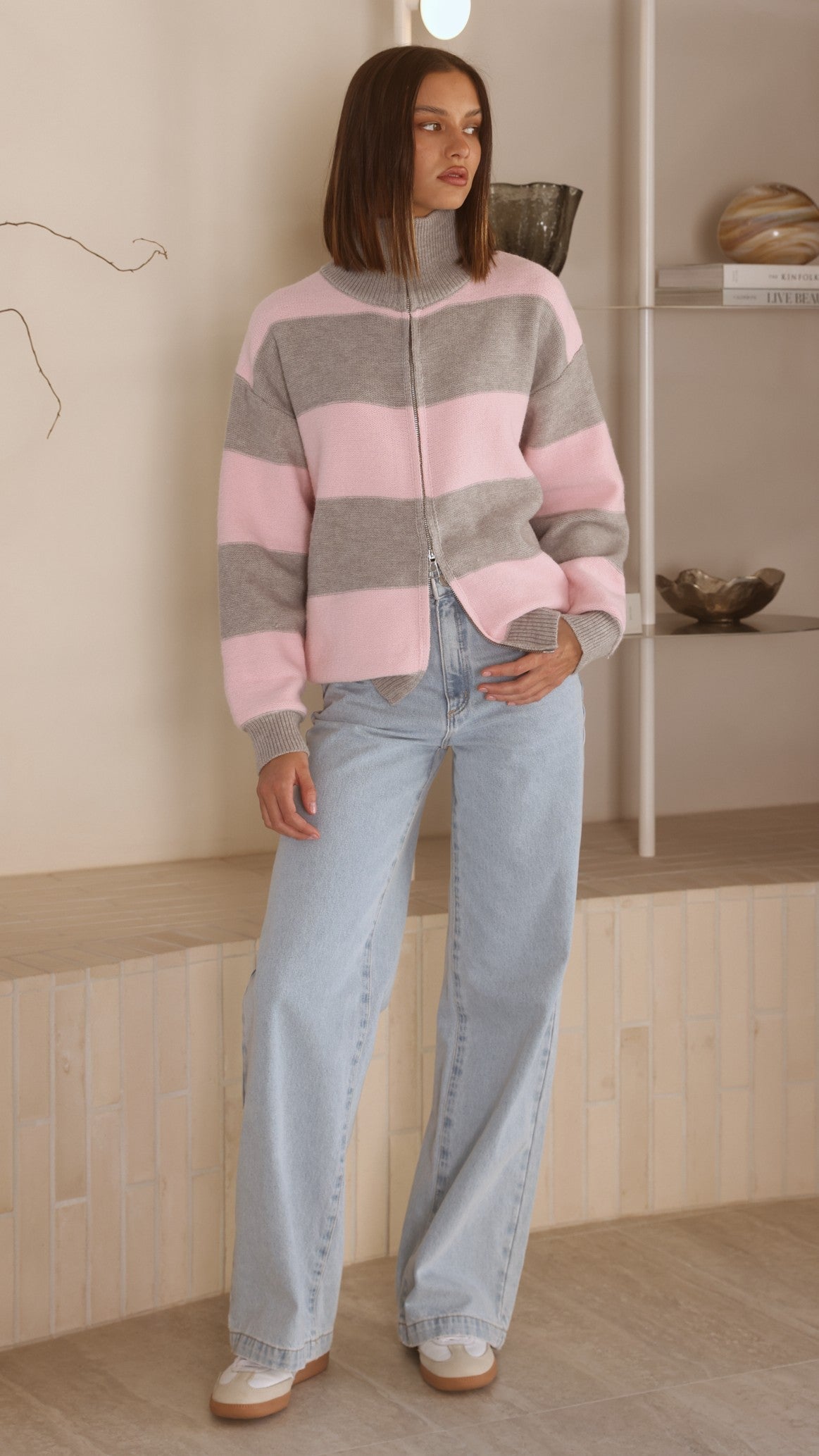 Tyla Collared High Neck Zip-Up Knit Jumper – Pink/Grey Stripe – view 10