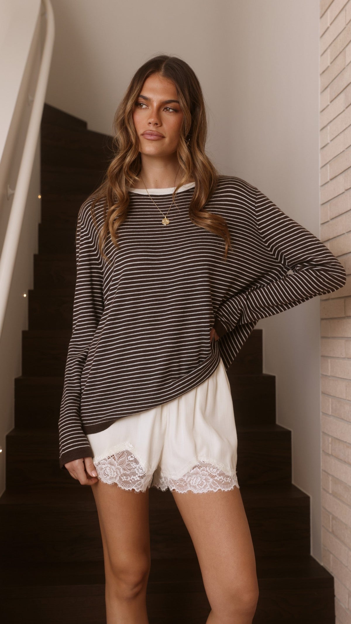 Ishana Crew Neck Relaxed Soft Knit Long Sleeve Top – Brown Stripe – view 10