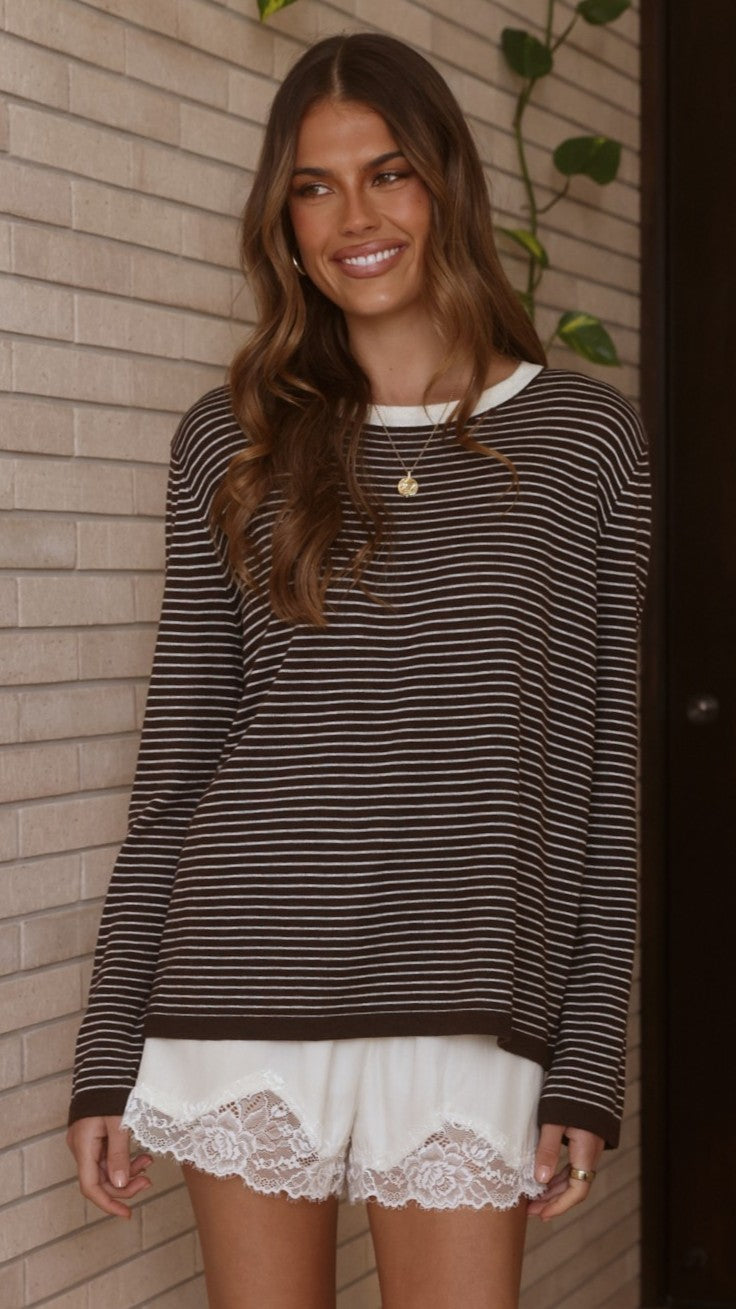 Ishana Crew Neck Relaxed Soft Knit Long Sleeve Top – Brown Stripe