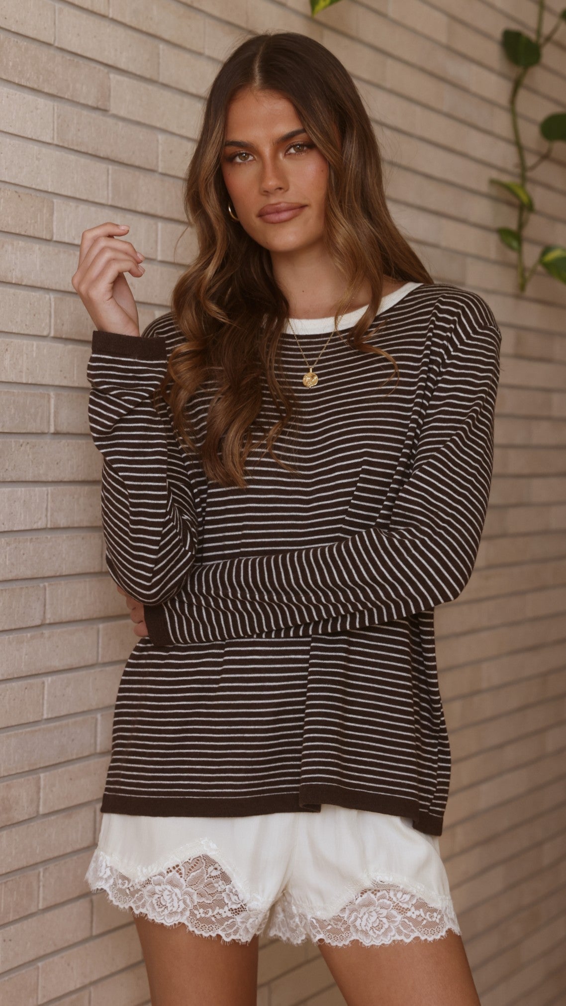 Ishana Crew Neck Relaxed Soft Knit Long Sleeve Top – Brown Stripe – view 6
