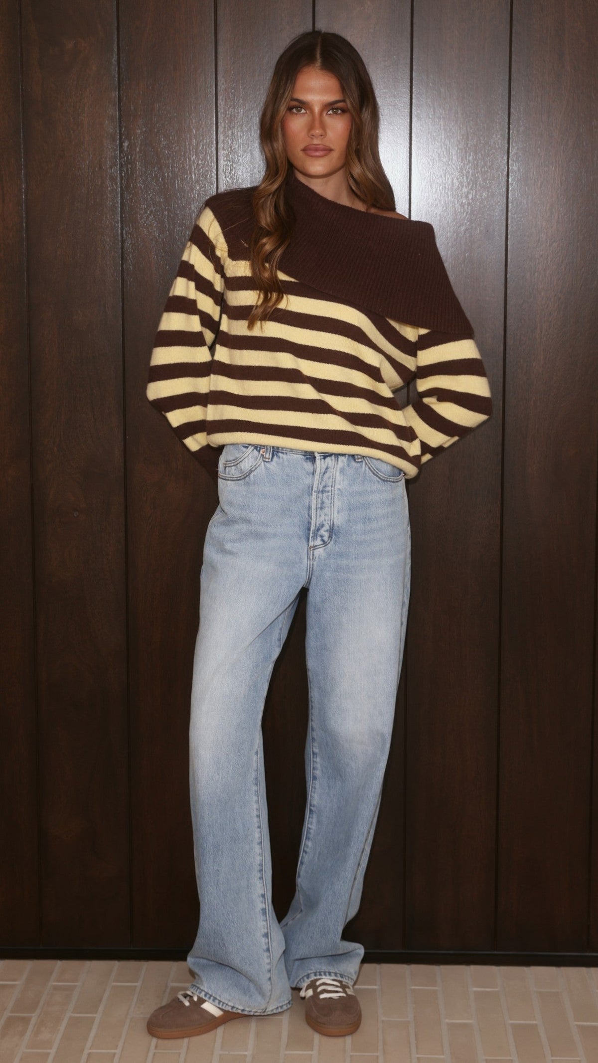Henna Off Shoulder Fold Over Bust Knit Jumper – Yellow/Chocolate Stripe – view 10