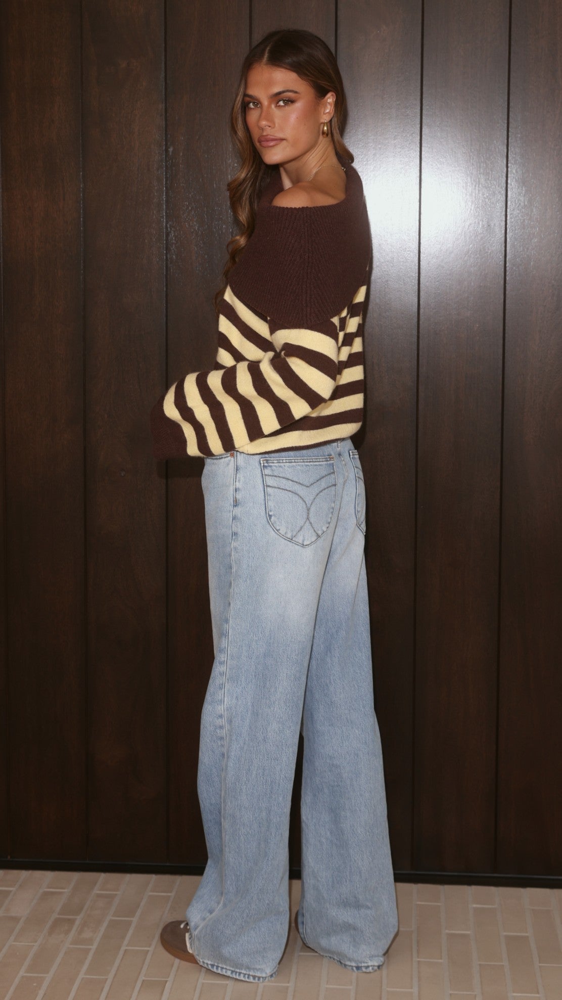 Henna Off Shoulder Fold Over Bust Knit Jumper – Yellow/Chocolate Stripe – view 4