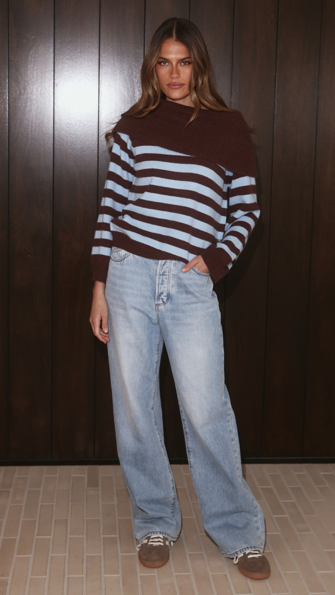 Henna Off Shoulder Fold Over Bust Knit Jumper – Blue/Chocolate Stripe – view 9