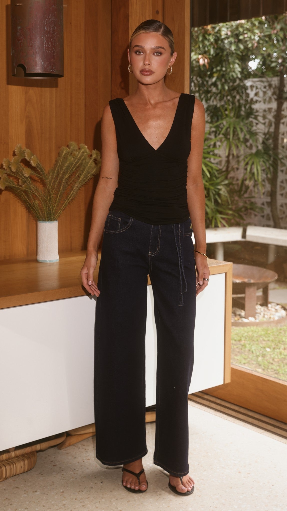 Nyra High Waisted Wide Leg Jeans with Waist Tie – Indigo – view 7