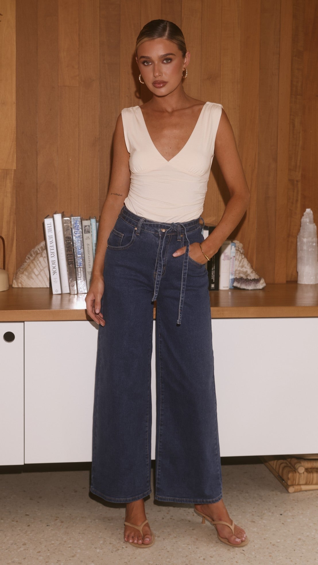Nyra High Waisted Wide Leg Jeans with Waist Tie – Dark Denim – view 8