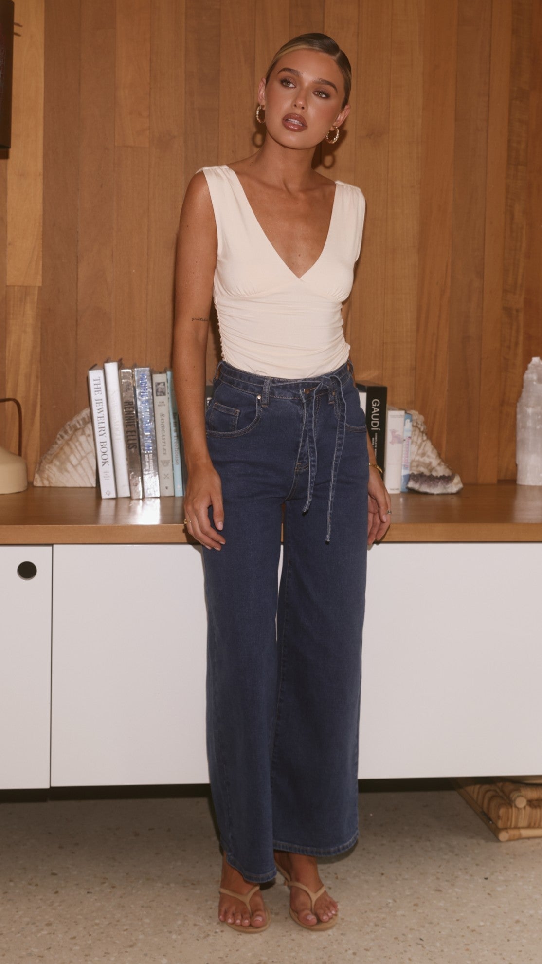 Nyra High Waisted Wide Leg Jeans with Waist Tie – Dark Denim – view 1