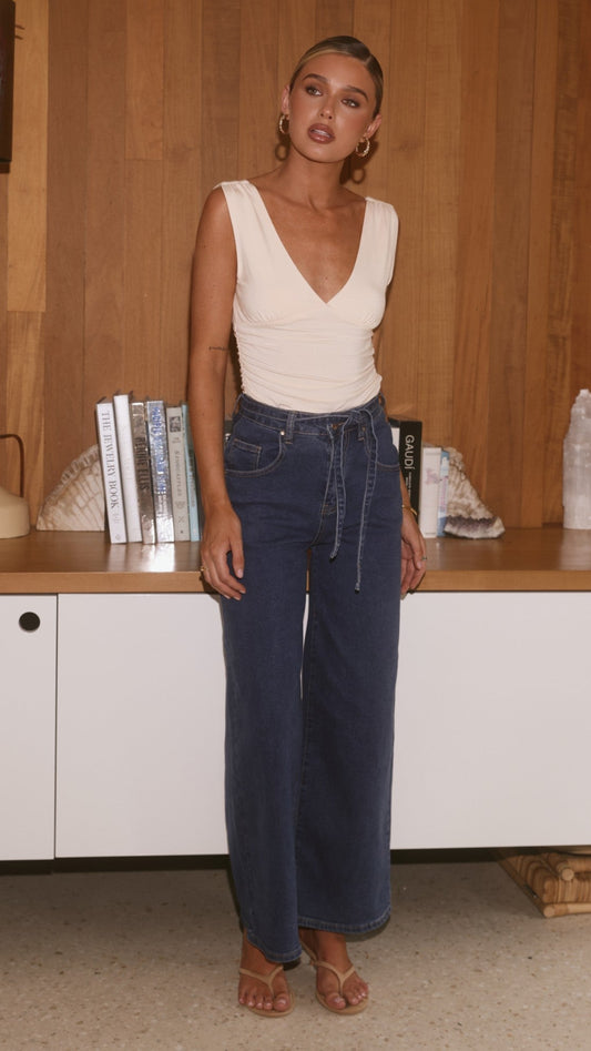 Nyra High Waisted Wide Leg Jeans with Waist Tie – Dark Denim