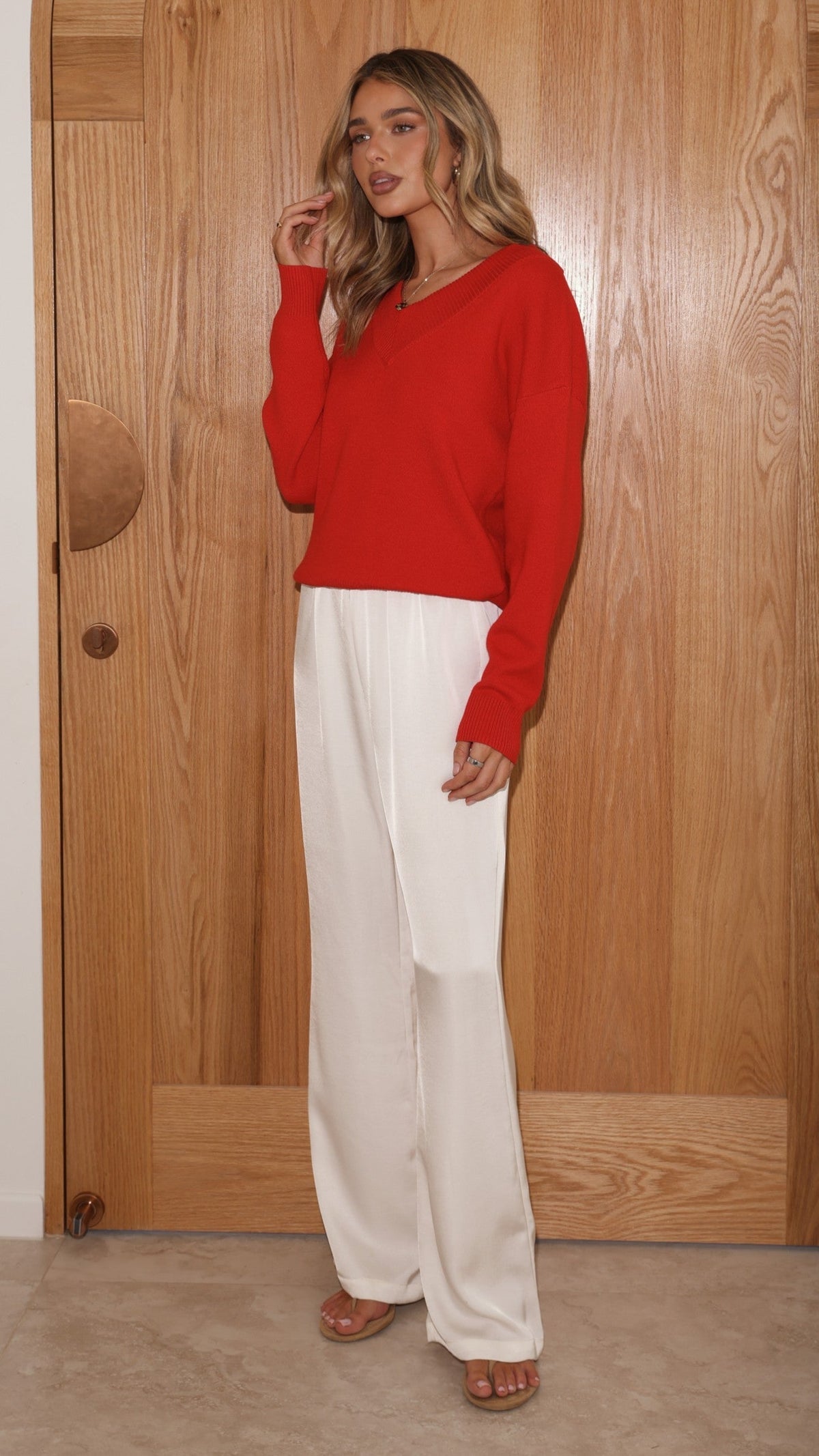 Sophie V Neck Relaxed Fit Soft Knit Jumper – Red