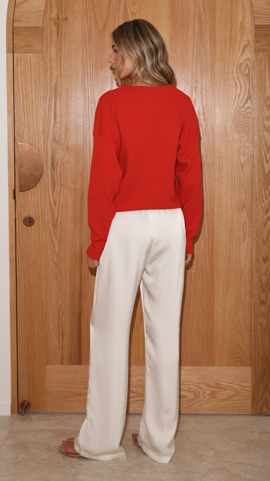 Sophie V Neck Relaxed Fit Soft Knit Jumper – Red