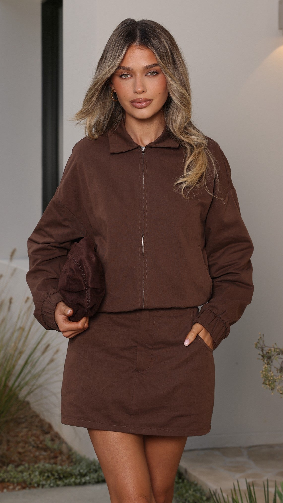 Grace Collared Cotton Bomber Jacket with Zip Front – Chocolate – view 1