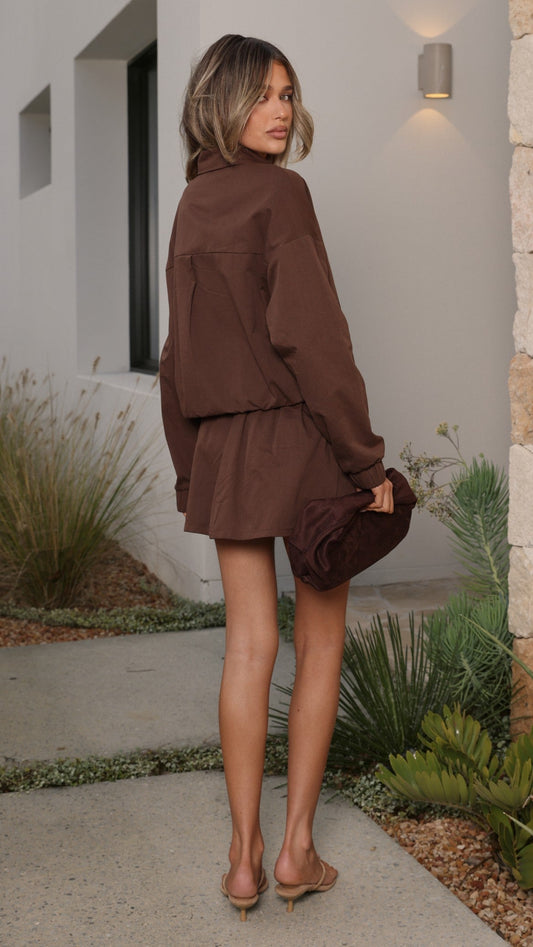Grace Collared Cotton Bomber Jacket with Zip Front – Chocolate