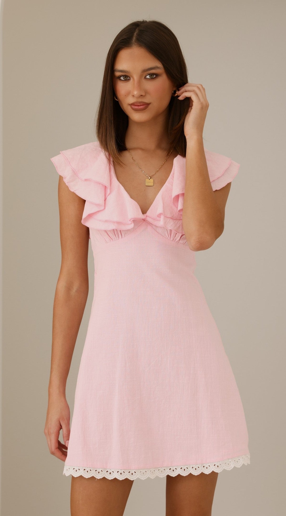 Hattie Frill V-Neck Sleeveless A-Line Mini Dress with Lace Hem – Pink